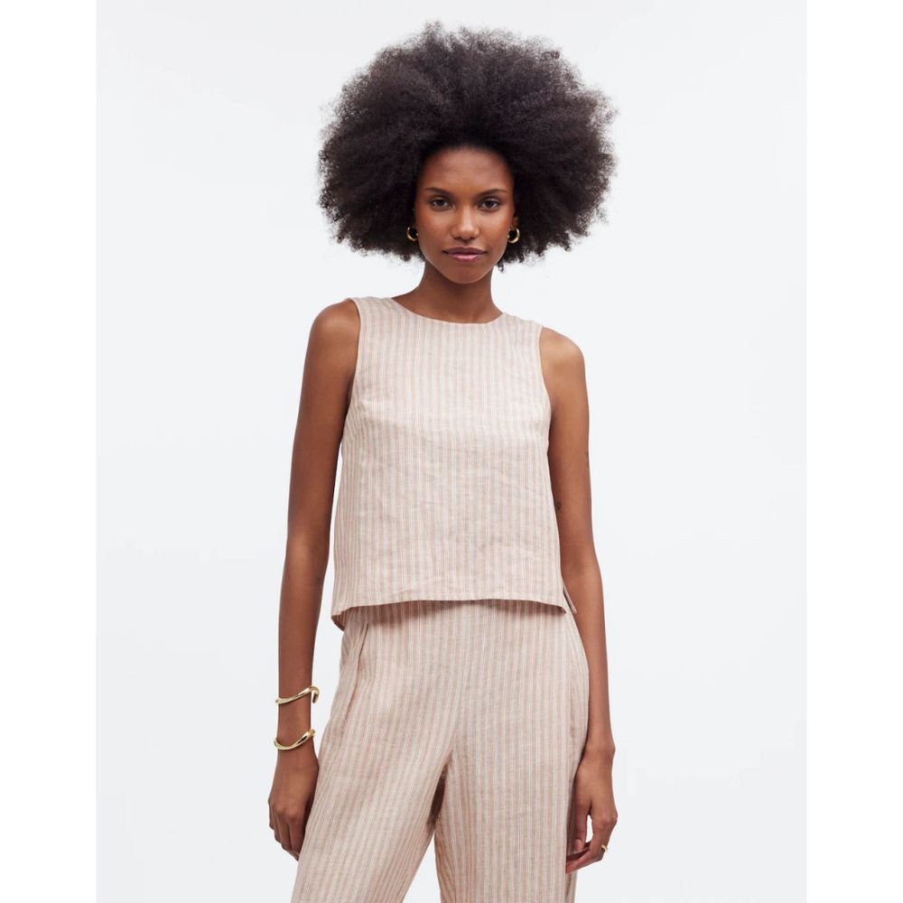 Madewell Refined Linen Top Tie back Miso White stripe Size 12 Sleeveless